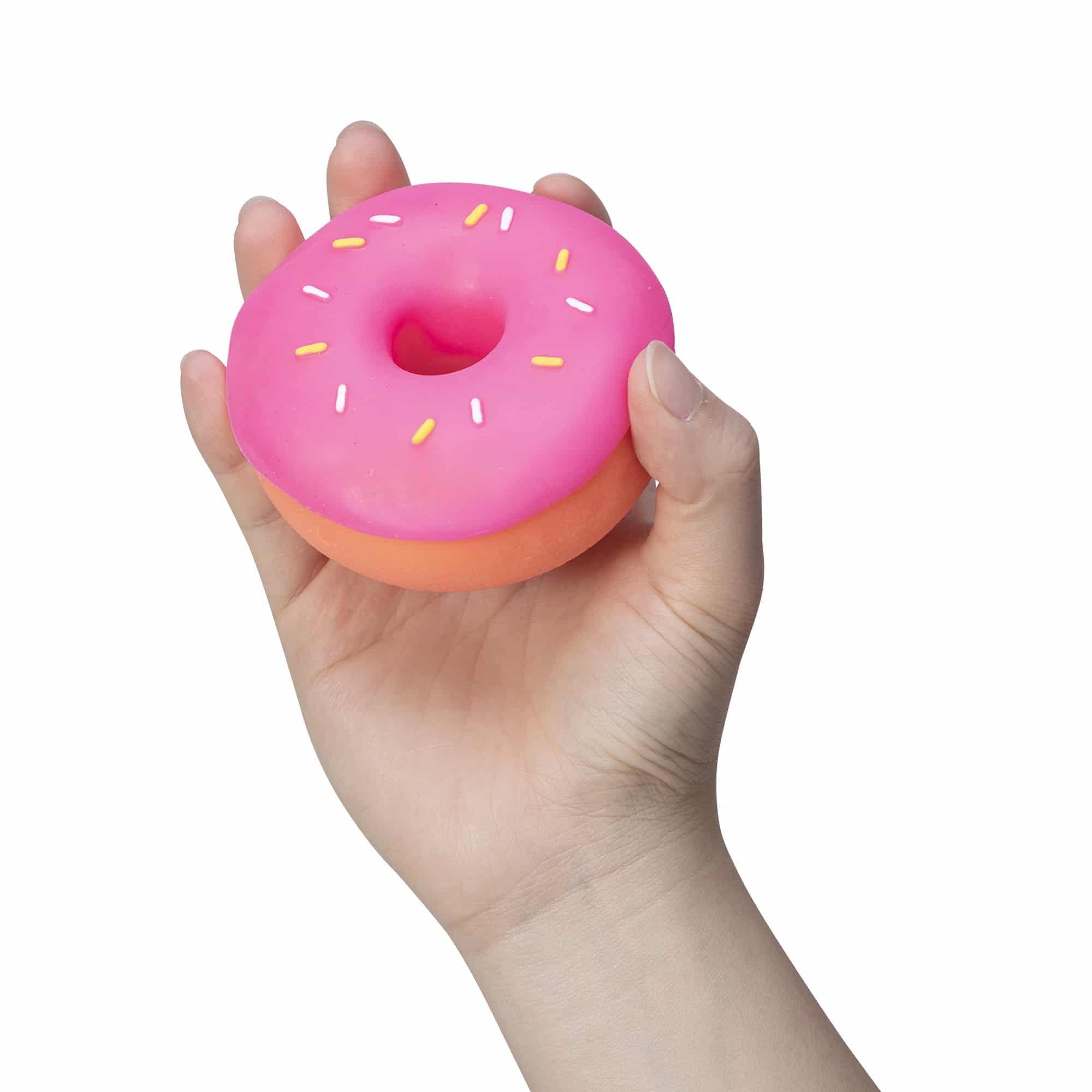 NeeDoh Dohnuts Orange with Prink Frosting and Sprinkles in Hand